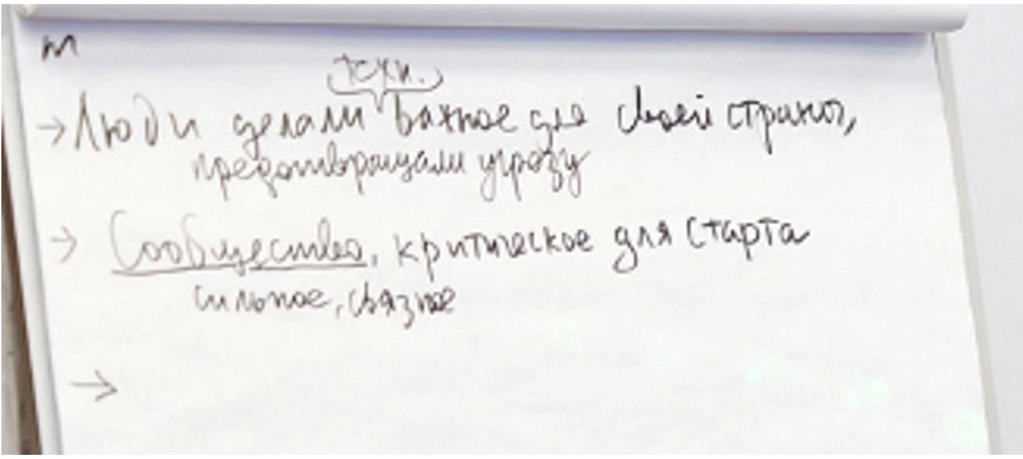 The text on the first line of the flipchart reads: “People did important things for their country and prevented threats.”