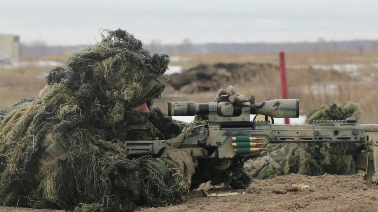 A sniper of the 24th Separate Guards Special Forces Brigade with a Steyr-Mannlicher SSG 08 rifle at Shilovo Polygon, Novosibirsk Region, May 2019