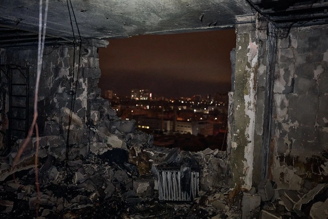 The aftermath of a “Geran” drone striking an apartment on the 20th floor of a residential building in Kyiv on Oct. 25, 2024