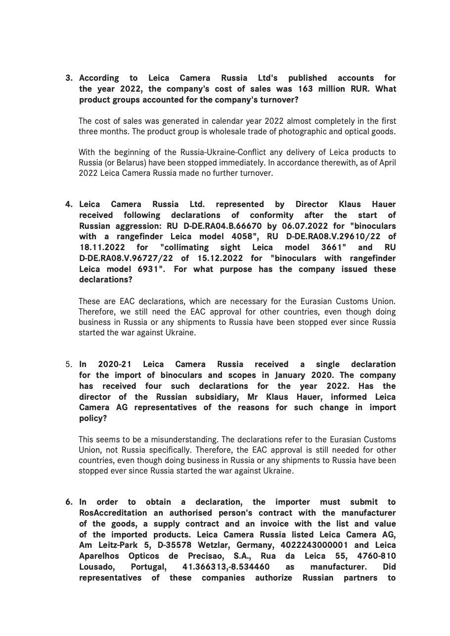 Leica Camera's reply to questions from The Insider from 09.06.2023